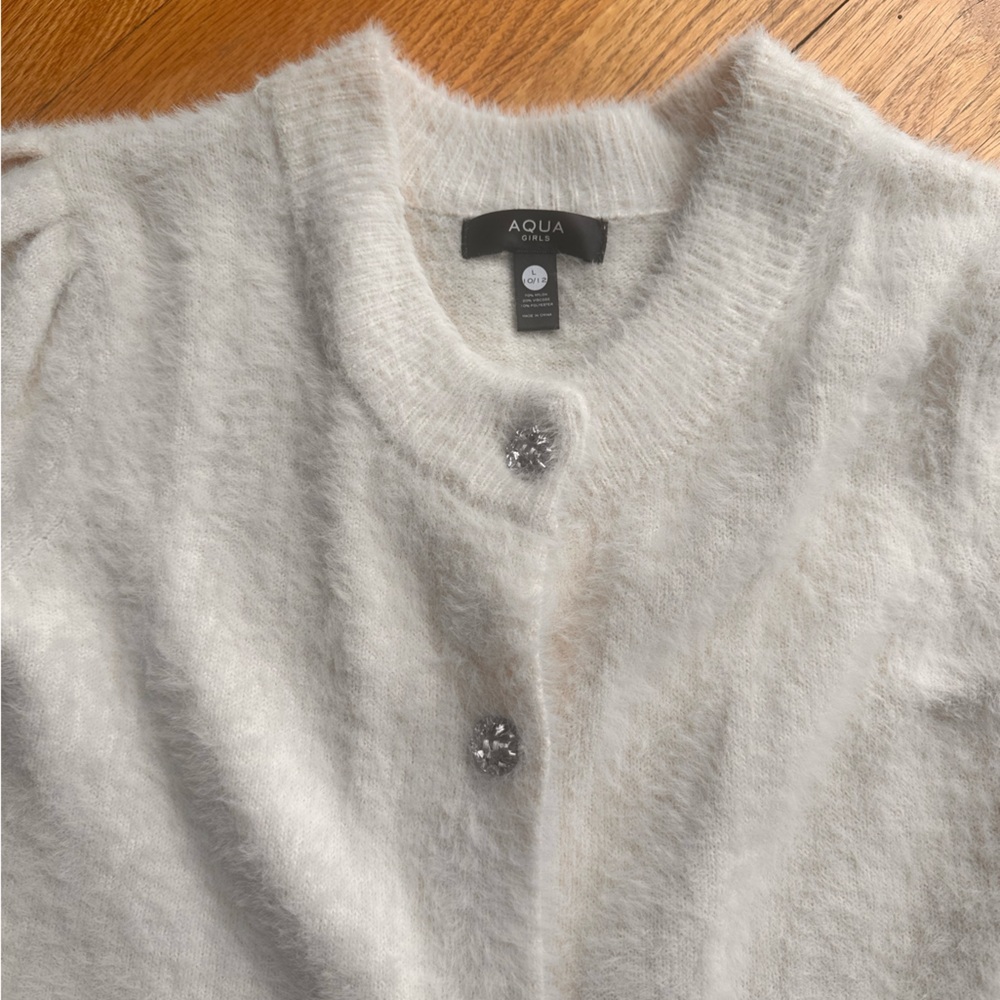 Girls Aqua Fuzzy Knit Cardigan – Off-White / Ivory - Picture 3 of 7